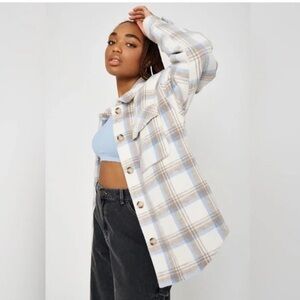 Garage Cream Light Blue Plaid Vicinity Oversized Quilted Shacket Size Medium